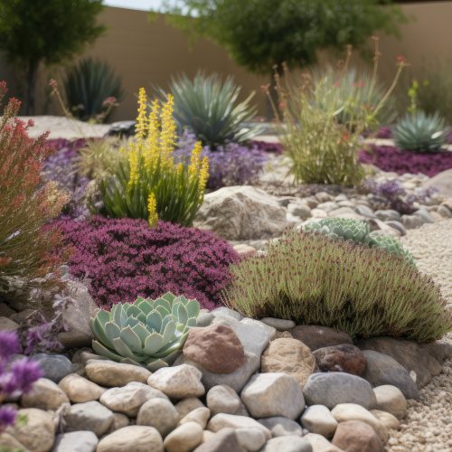 Xeriscaping is the process of landscaping, or gardening, that reduces or eliminates the need for irrigation. xeriscaped landscapes need little or no water. AI generative.