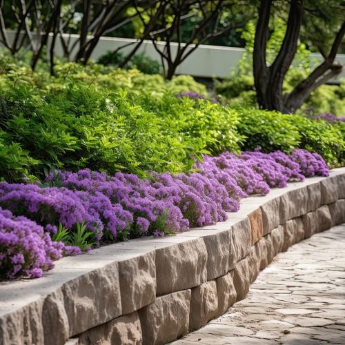 Concrete Retaining Wall with Stone Collar in Flowerbed Architectural Detail - Retaining Wall for Garden Path amidst Purple Flowers and Verdant Trees. Generative AI